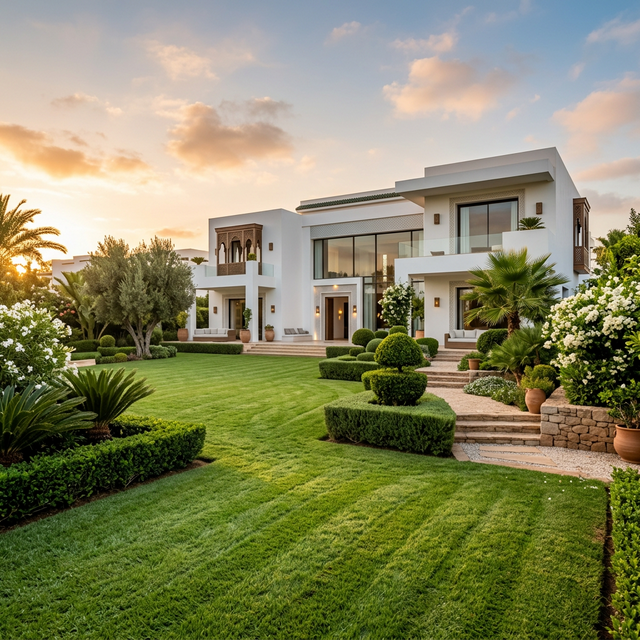 Jardin de luxe à Rabat, gazon parfait et paysage méditerranéen en qualité 4K